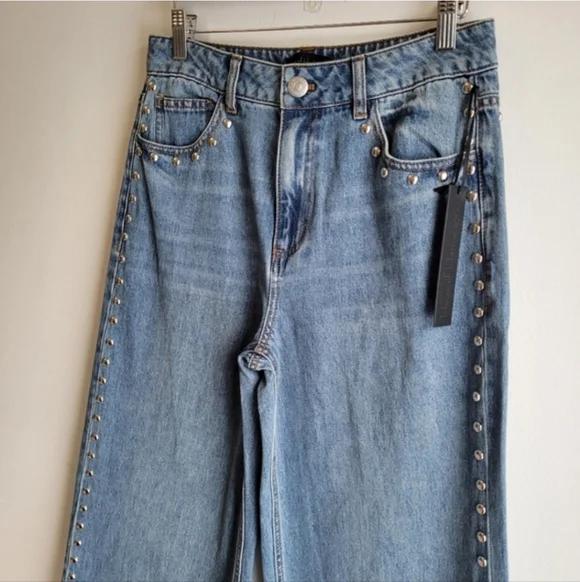 NWT HOUSE OF HARLOW 1960 Wide Leg High Waist Studded Blue Denim Jeans 6 - Picture 5 of 8